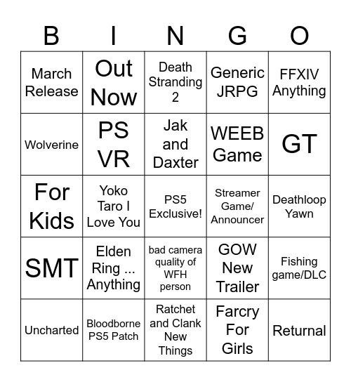 Sony State of Play Feb 12th 2025 Bingo Card