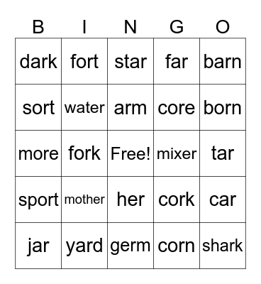 R-Controlled Vowel Bingo Card