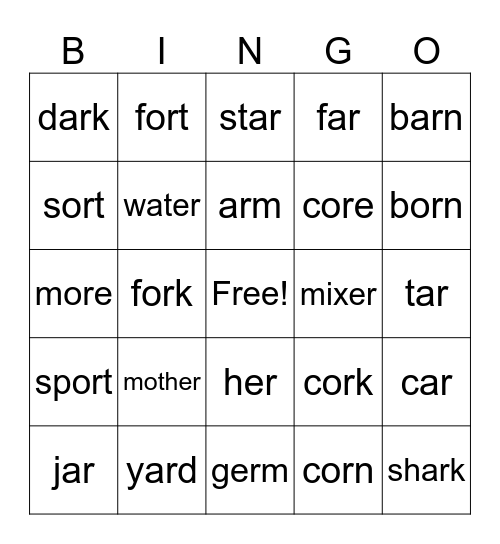 R-Controlled Vowel Bingo Card