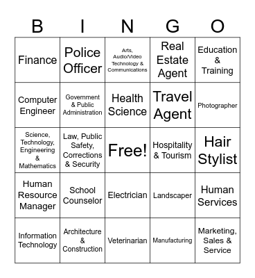 Career Clusters Bingo Card