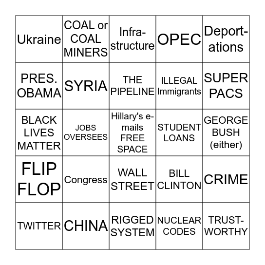 DEBATE BINGO 9/26/16 Bingo Card