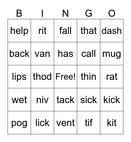 Blending Sounds Bingo Card