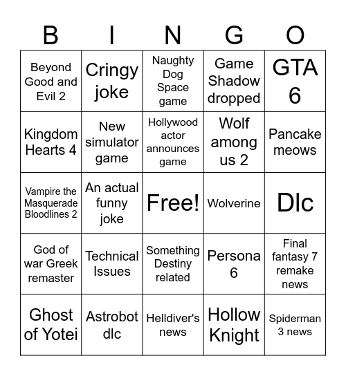 State of Play Bingo Card