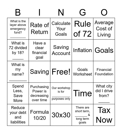 Financial Literacy Workshop Bingo Card