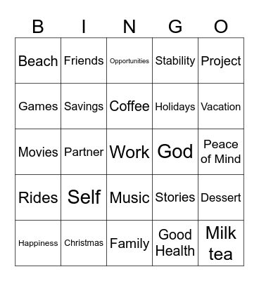 The Things We Love Bingo Card