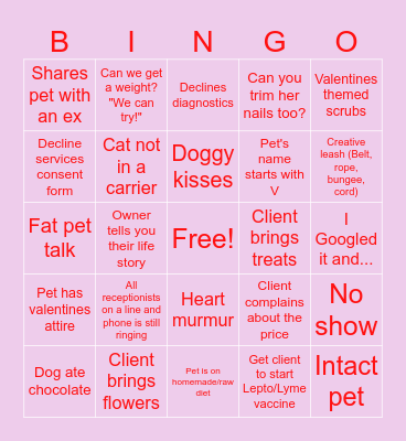 Veterinary Valentines Bingo Card