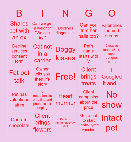Veterinary Valentines Bingo Card