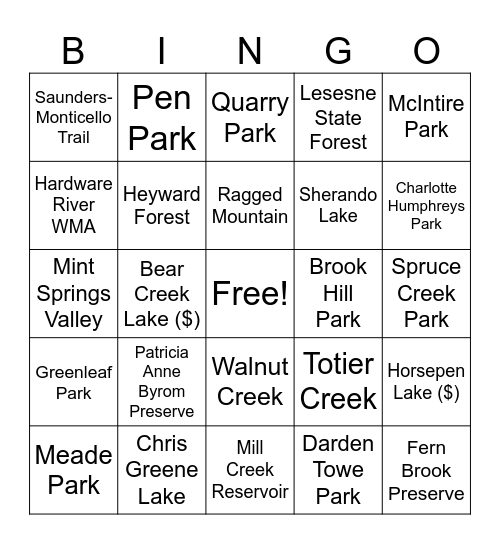 Charlottsville Area Greenspace BINGO Card