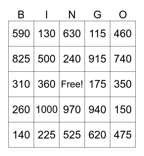 Los Numeros 100-1000 Bingo Card