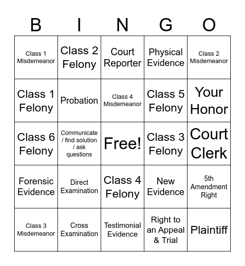 Competency Restoration Bingo Card