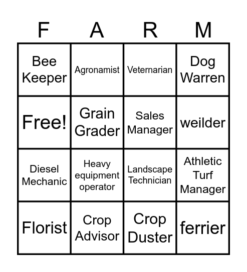 Ag Careers Bingo Card