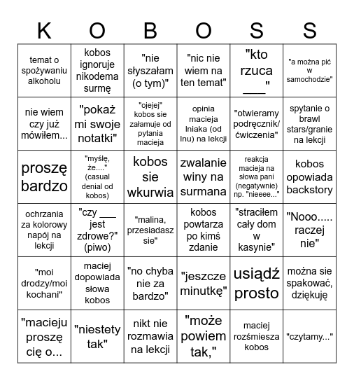 Kobos Bingo Card