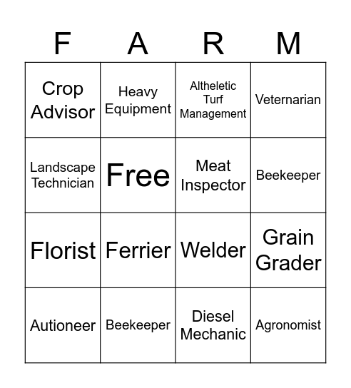 Ag Careers Bingo Card
