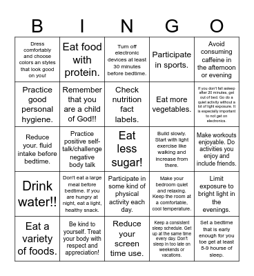Tips for Caring for Our Bodies!!! Bingo Card