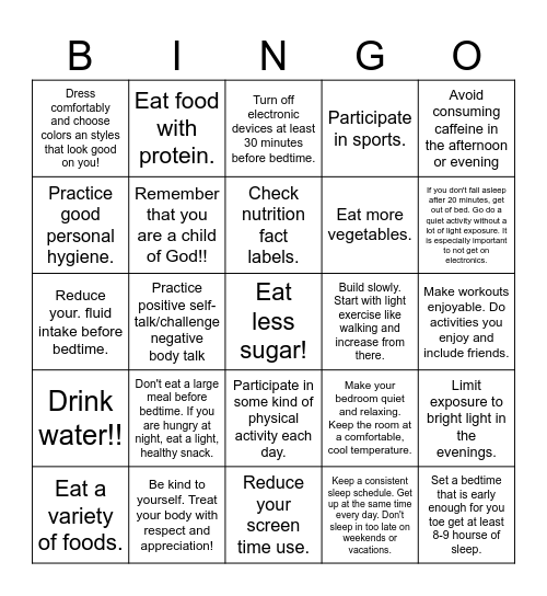 Tips for Caring for Our Bodies!!! Bingo Card