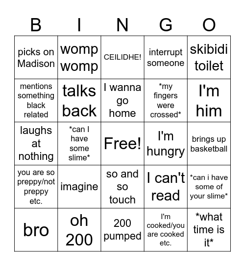 our grade five/six class 2025 Bingo Card