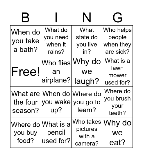 Wh-Questions Bingo Card