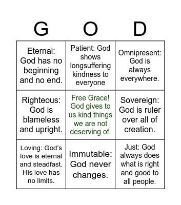 Attributes of God Bingo Card