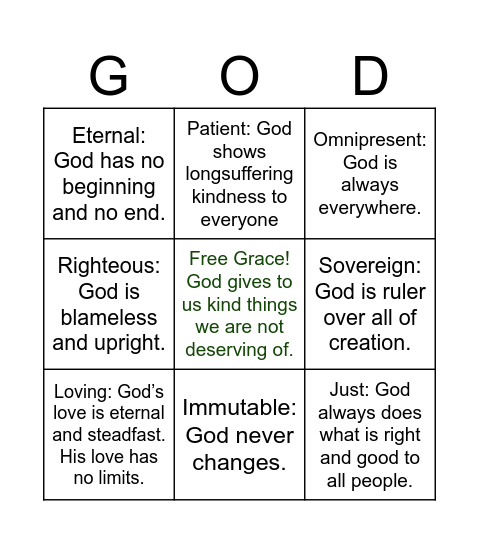 Attributes of God Bingo Card