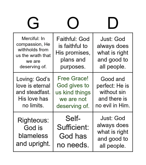 Attributes of God Bingo Card