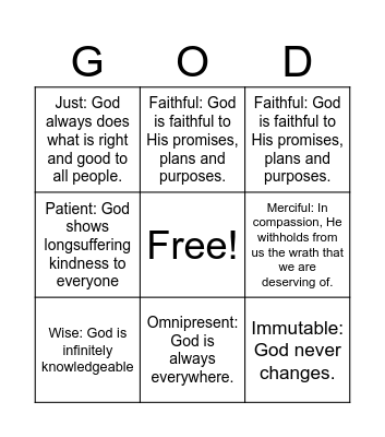 Attributes of God Bingo Card
