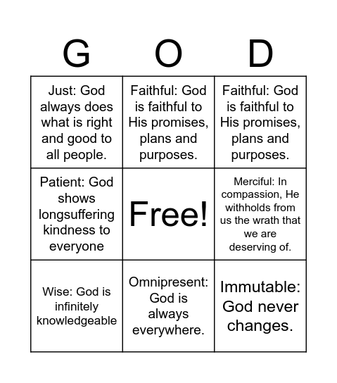 Attributes of God Bingo Card
