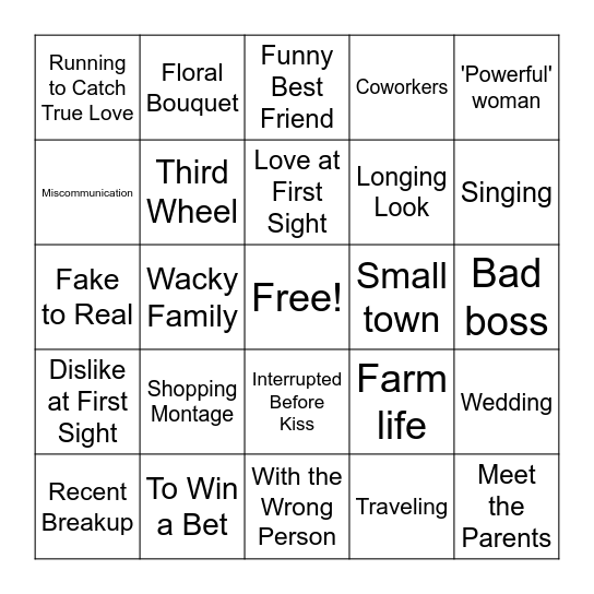 Hallmark Romance Movie Bingo Card