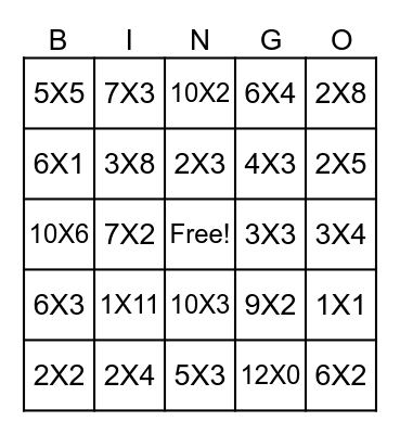 Multiplication Bingo Card