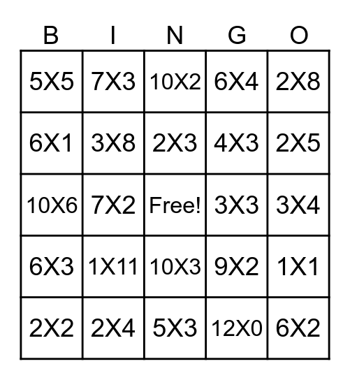 Multiplication Bingo Card