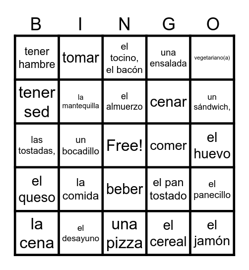 La comida Bingo Card