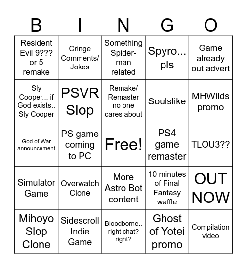State of Play Bingo Card