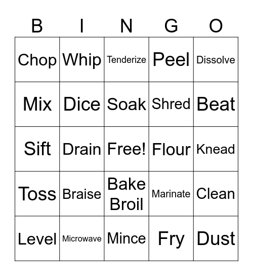 Cooking Terms Bingo Card