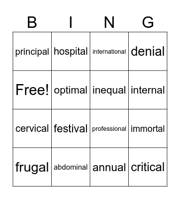 _al Syllable Words Bingo Card