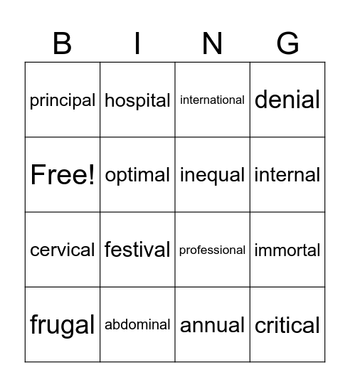 _al Syllable Words Bingo Card