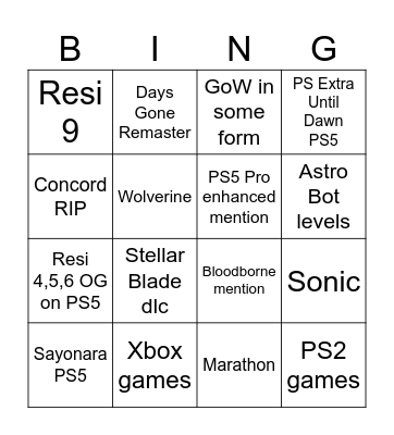 State of Play Bingo Card