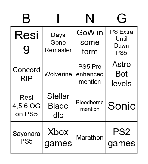 State of Play Bingo Card