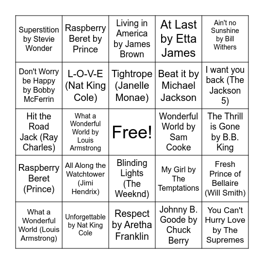 Black History Music Bingo Card