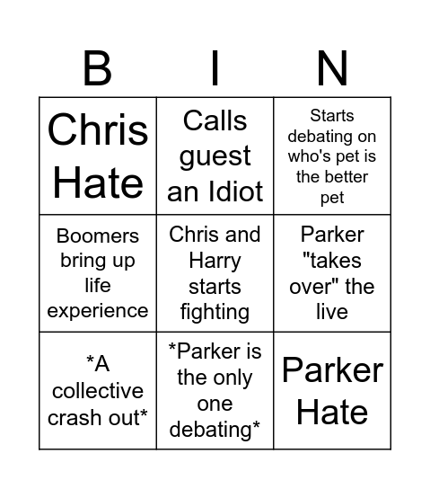 Harry Pris Live Bingo Card
