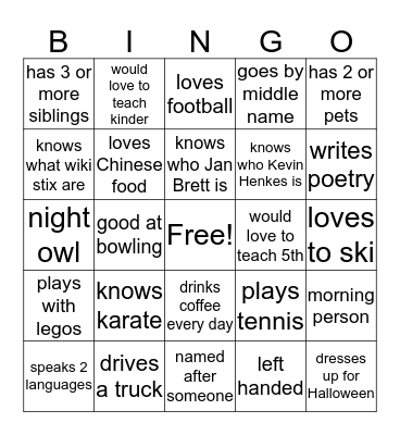 Getting to Know You Bingo Card