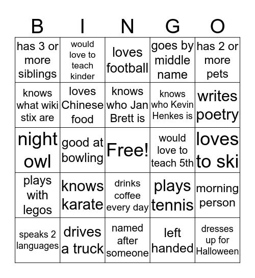 Getting to Know You Bingo Card