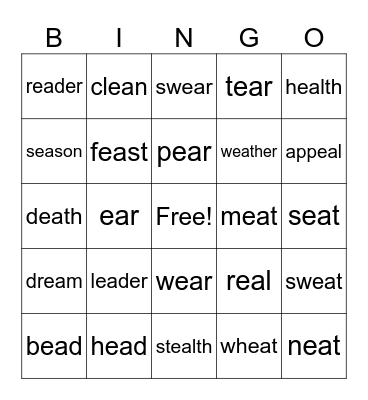 Sounds of 'ea' Bingo Card