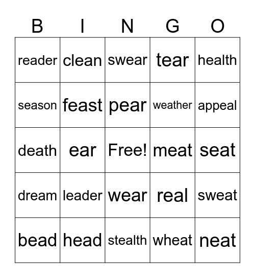 Sounds of 'ea' Bingo Card