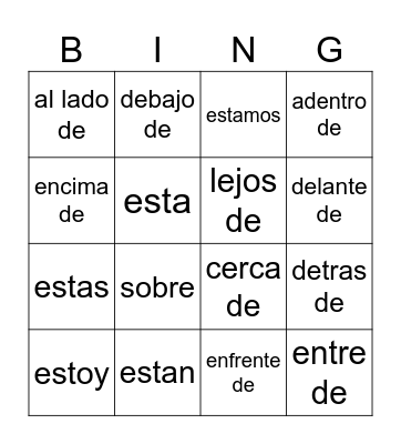 Estar + positions Bingo Card