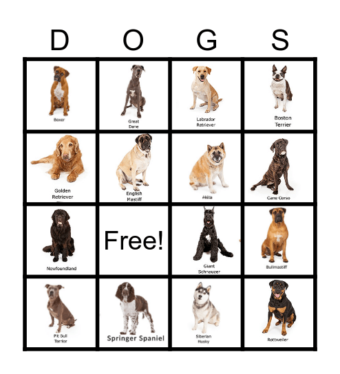 Dog Breed Bingo Card