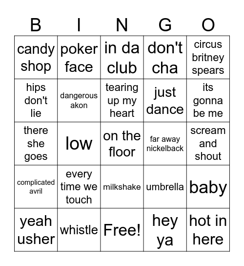2000s songs Bingo Card