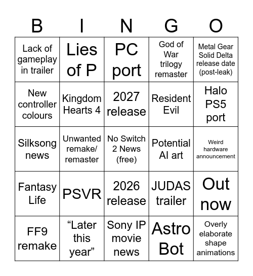 SimplyPressStart State of Play 2/25 Bingo Card