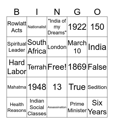 GHANDI Bingo Card