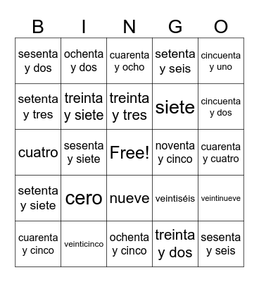 Números 0-100 (second part) Bingo Card