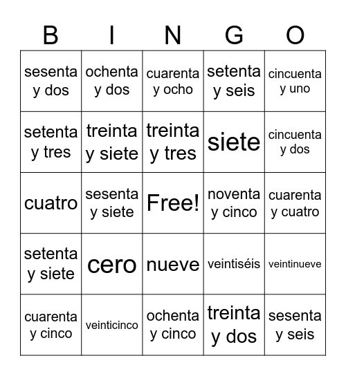 Números 0-100 (second part) Bingo Card