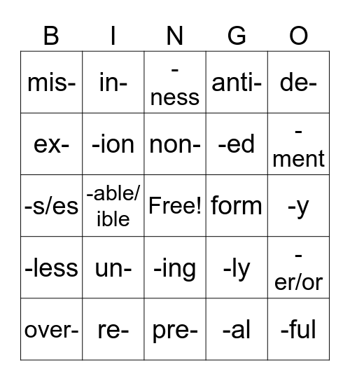 Morphology Bingo Card